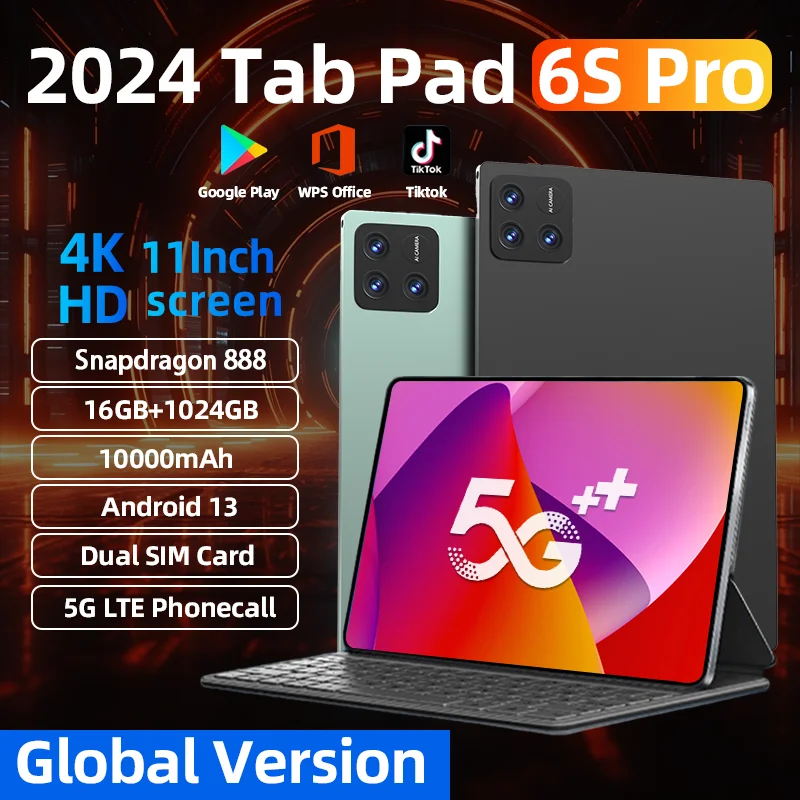 글로벌 버전 오리지널 패드 6S 프로 HD 4K 안드로이드 13.0, 스냅드래곤 888, 11 인치, 16GB + 1TB, 10000mAh 태블릿 PC, 5G 듀얼 SIM, 와이파이, 미 탭