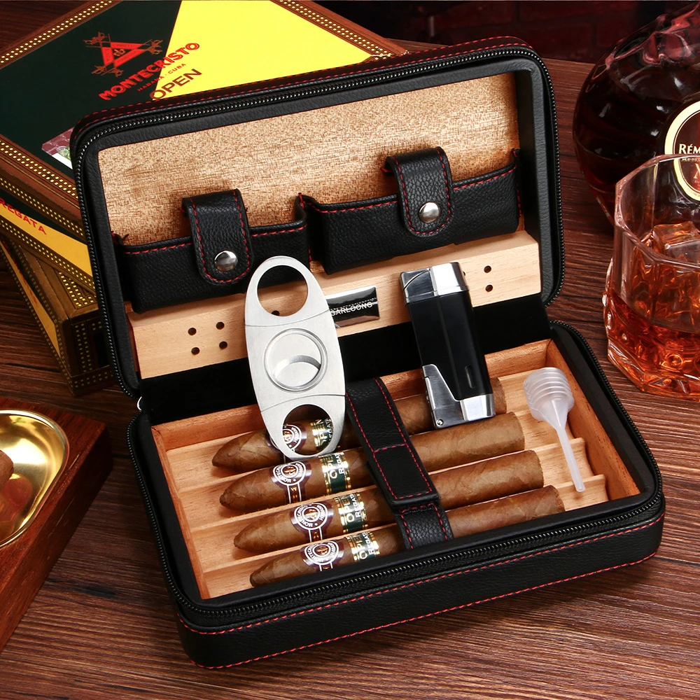 Cedar Wood Leather Travel Humidor Cohiba Cigar Case Humidor Portable