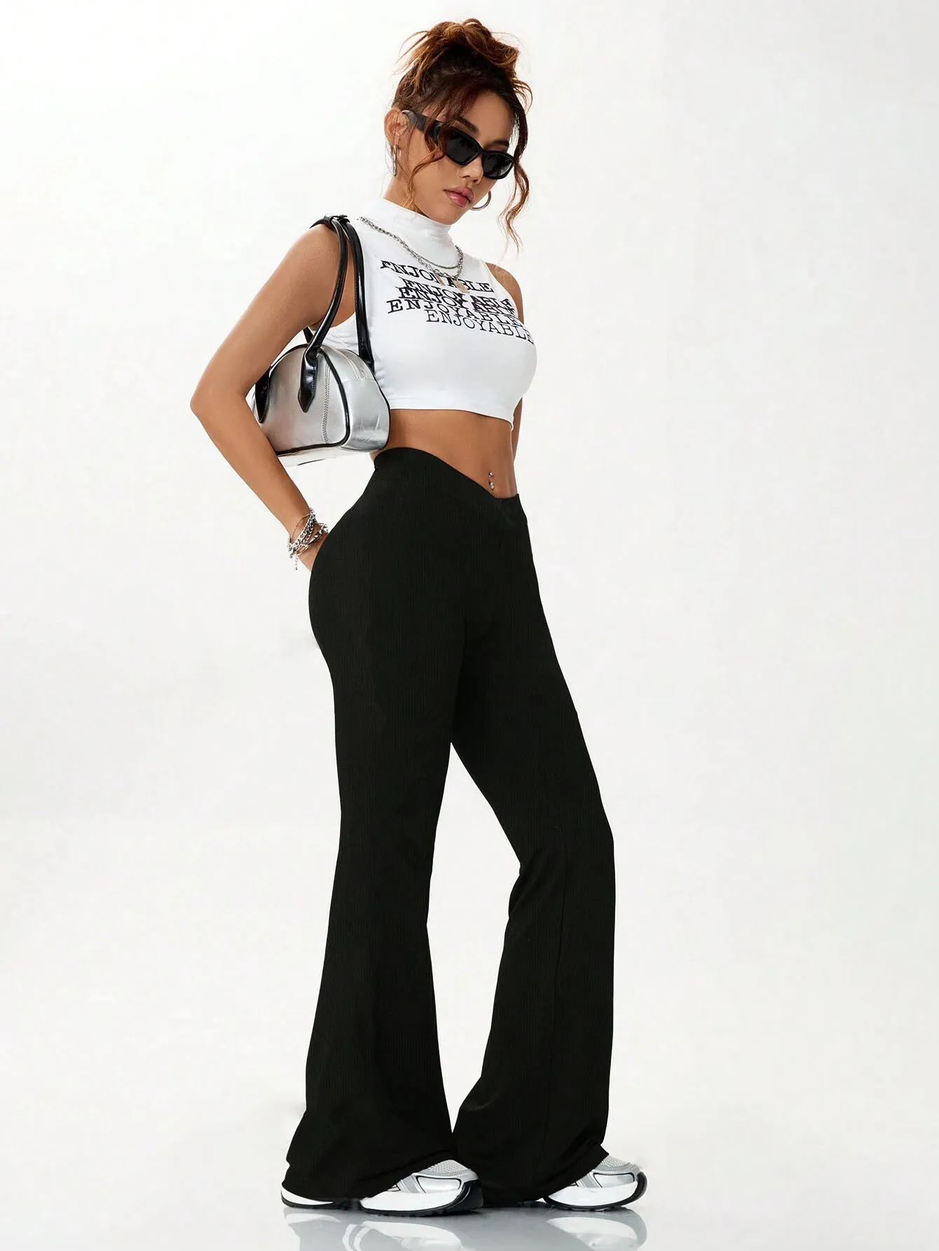 Women's high waist slim fit flared pants, solid color soft high elastic flared pants, retro style casual sportswear 6