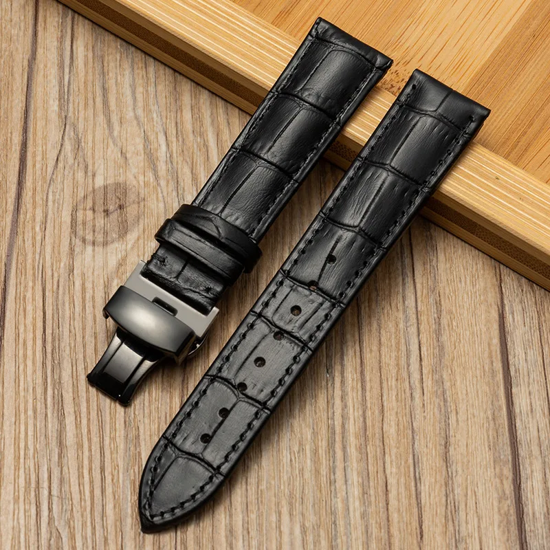 Luxurious Genuine Calfskin Leather Watch Strap with Butterfly Buckle - Available in Multiple Sizes