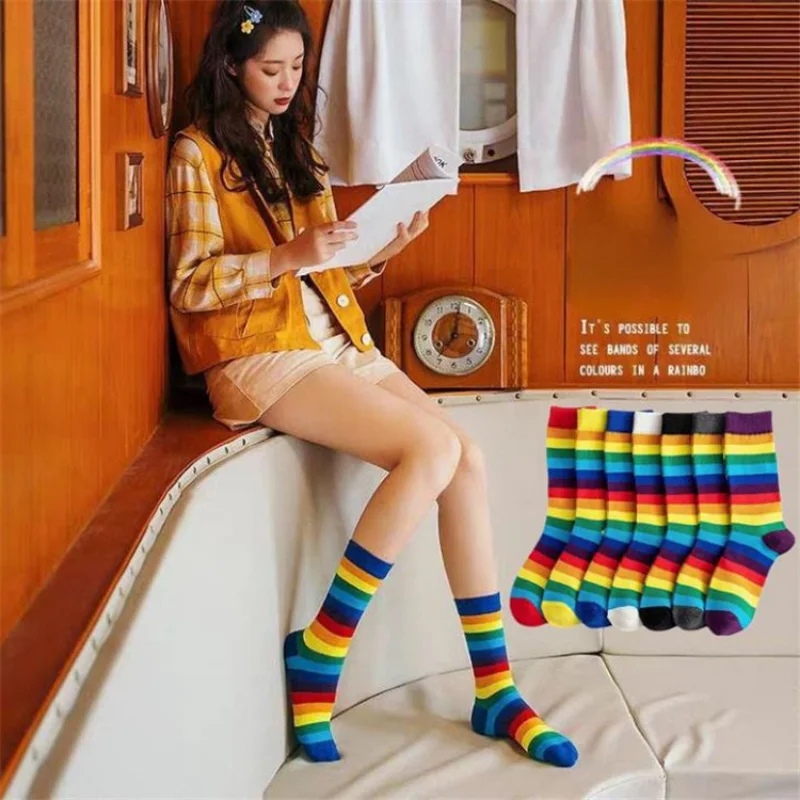 

Cotton Elasticity Sweat Women's High Socks Candy Color Rainbow Socks Striped Sporty Meias Casual Streetwear Harajuku Socks