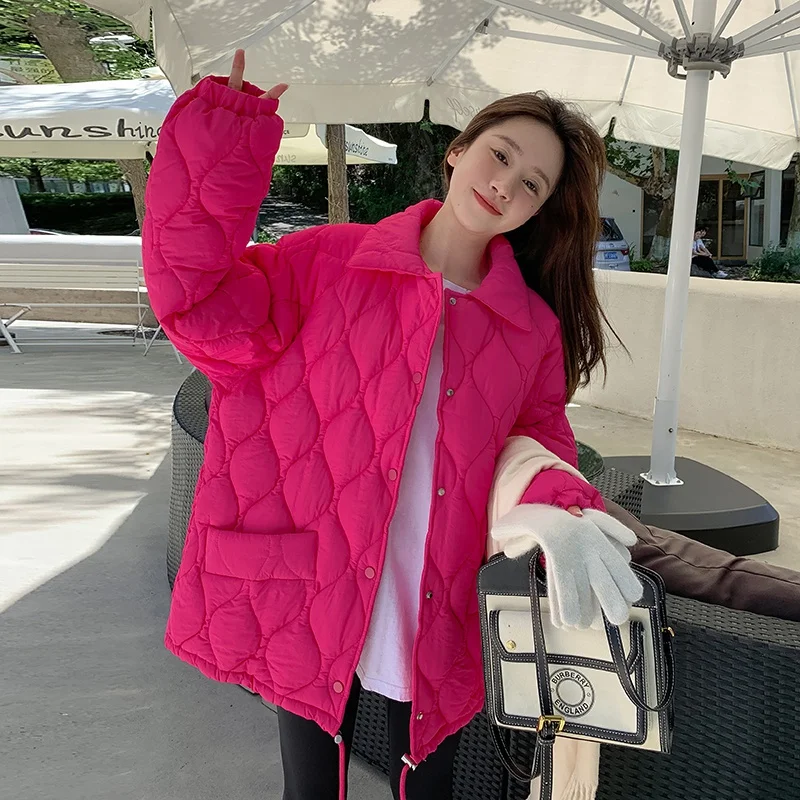 

Women's Casual Quilted Jacket Autumn Winter Long Sleeve Loose Cotton-padded Jacket Lady Streetwear Solid Color Outwear Top