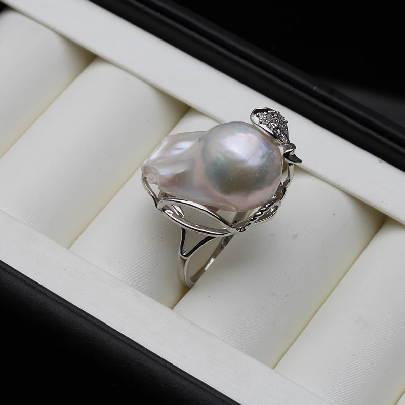 100% Real Freshwater Natural Baroque Pearl Ring For Women,wedding Adjustable Big Pearl Ring Female White