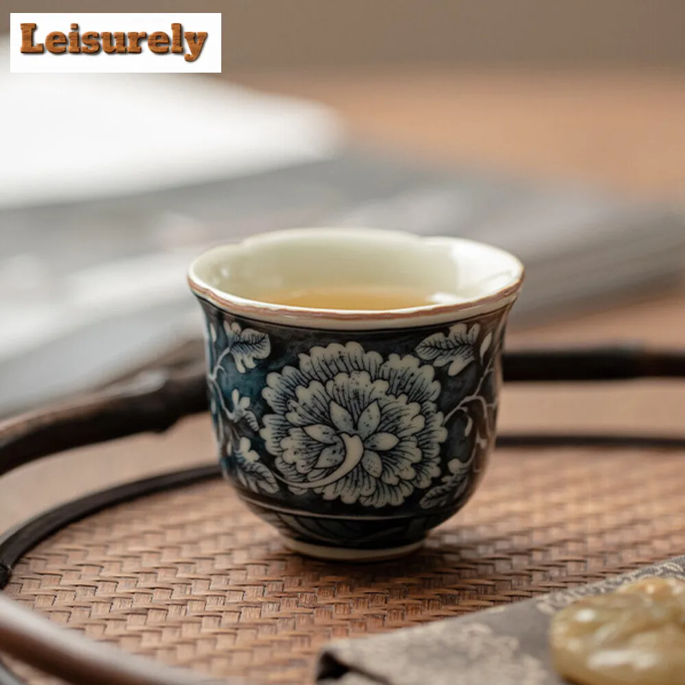 2pc/set Antique Blossoms Flower Ceramic Teacup Ru Kiln Flower Mouth Cup Small Master Cup Tasting Tea Bowl Kung Fu Teaware 40ml