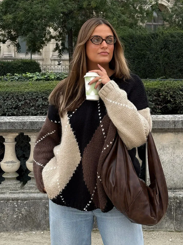 HH 2026 Women's Autumn New Fashion Chic Sweater Tops Argyle O-Neck