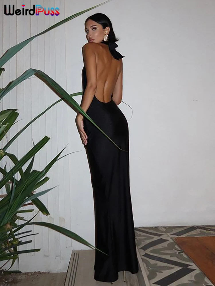 Weird Puss Halter Backless Dress Women Summer Trend Elegant Side Split Deep V-Neck Long Bodycon Midnight Party Ruched Vestidos 2