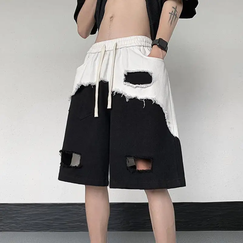 Irregular Ripped Denim Shorts Men'S Design Sense Contrast Paneled Raw Pants Summer American High Street Pants