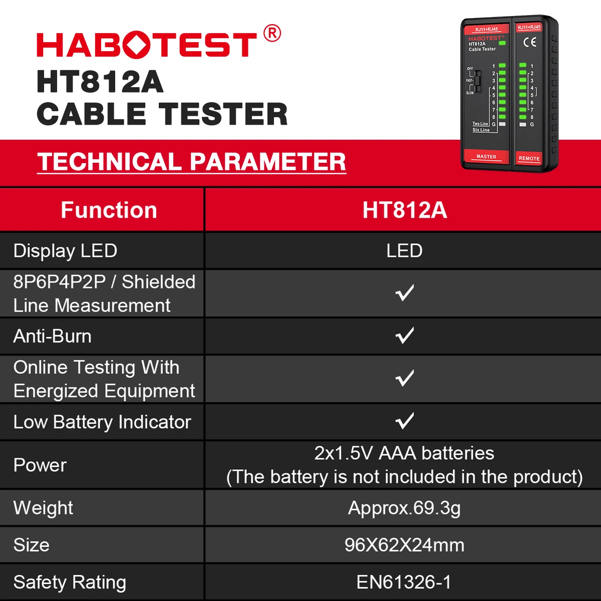 HABOTEST HT812A Network Cable Tester 8P/6P/4P/2P Cable lan Tester Networking Wire Telephone Line Detector Tracker Tool network cable tester
