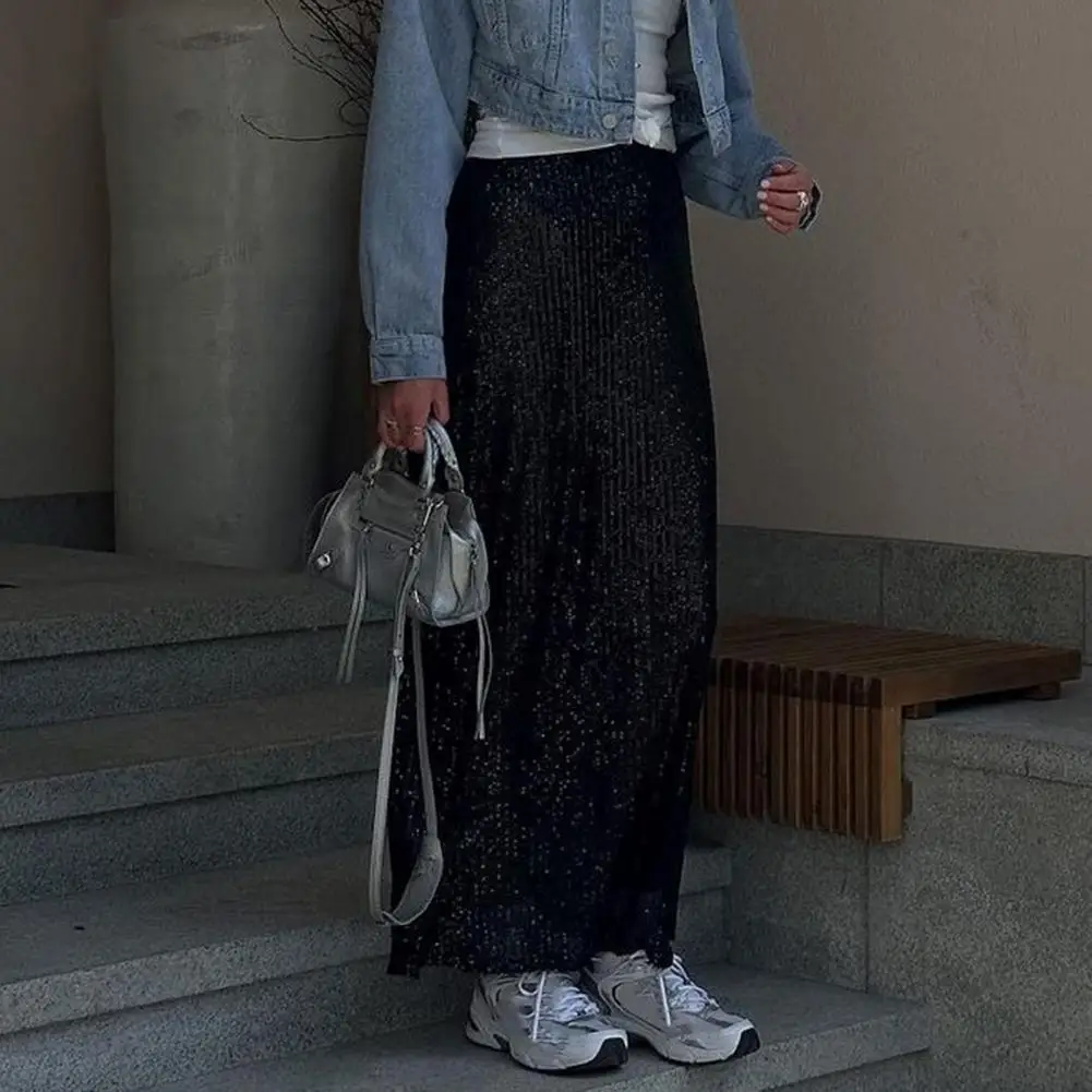 

High Waist Sequin Maxi Skirt Sequin High Waist Maxi Skirt for Women Solid Color Loose Ankle Length Beach Travel Skirt