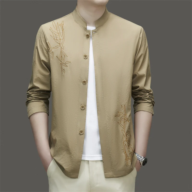 

Shirt Sun-Protective Clothing Men's Summer Thing New Chinese Embroidery Vintage Stage Collar Quick-Drying Silk Wind Shield Coat