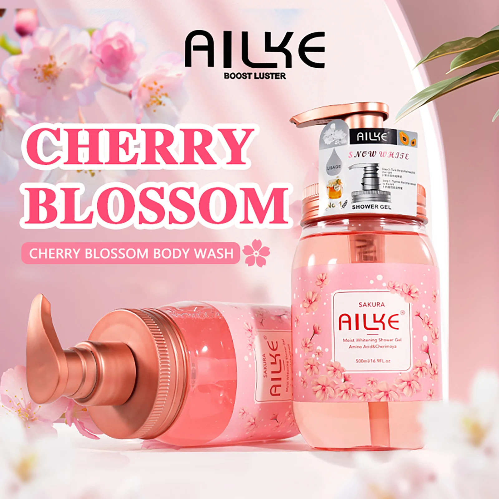 AILKE Natural Sakura Body Wash, Deep Clean Skin, Lightening, Moisturize, Nourish, Smooth Soft Skin, For All Skin Types, 500ml