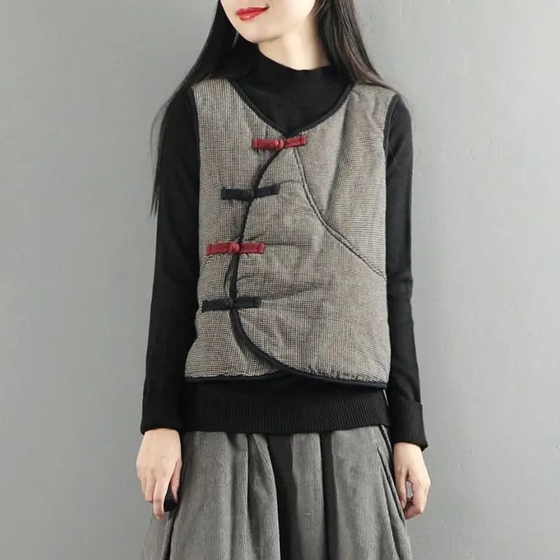 인디 포크 빈티지 여성 코튼 린넨 코트 조끼, 가을 겨울 신상 여성 의류, 캐주얼 가디건, 민소매 격자 무늬 재킷 2023