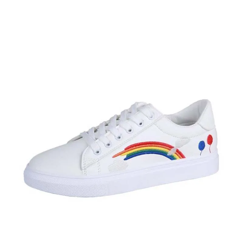 Women's Vulcanized Shoes Rainbow Embroidered White Shoes Women's Sports Shoes Lace-up Ladies Slippers Women's Flat Casual Shoes