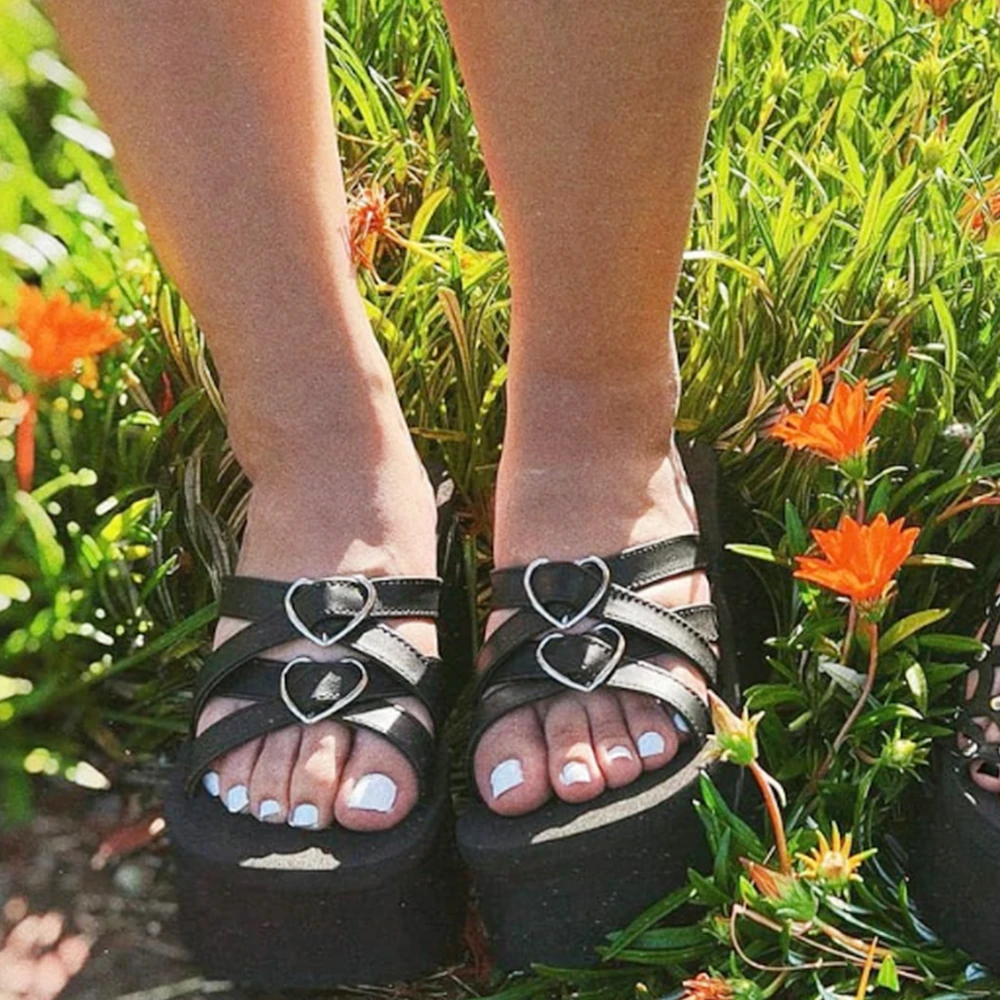 Sandalias con punta de plataforma abierta para mujer, chanclas de cuña alta, sin cordones, decoración corazón de zapatos informales de playa a moda| | - AliExpress