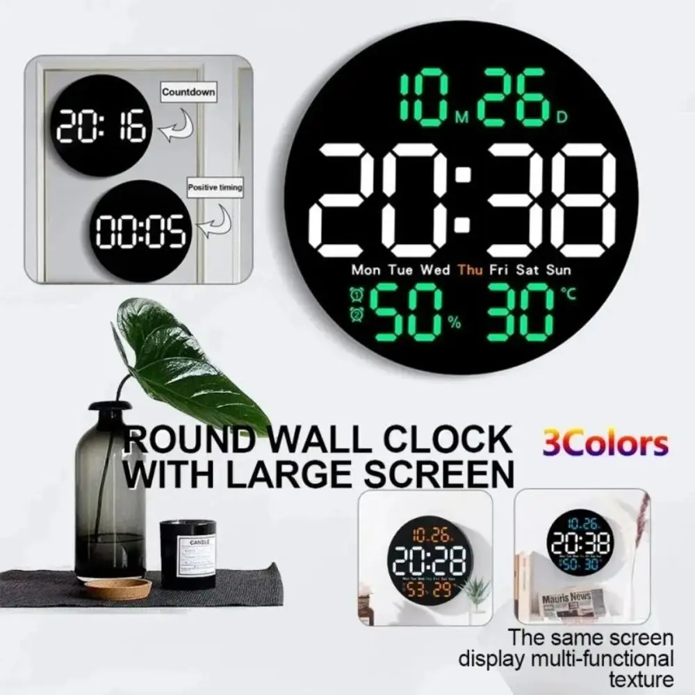 

Large Screen Digital Wall Clock Temperature Humidity Date Week Display with Remote Control Electronic Alarm Clock 10inch