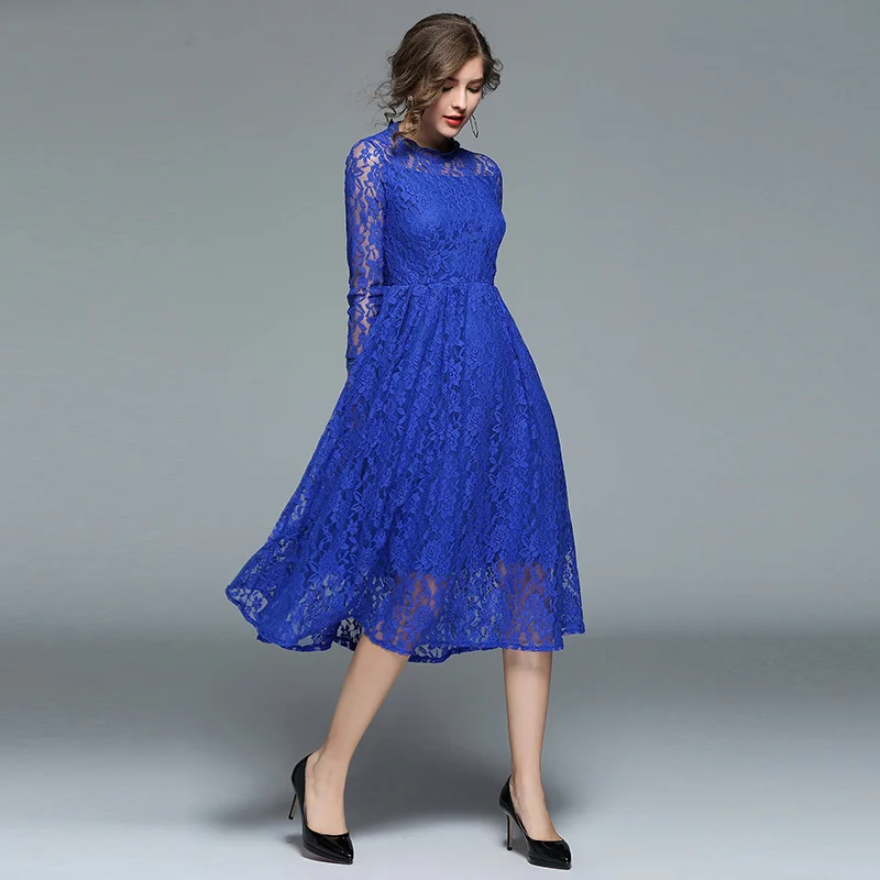 

New Vintage Spring Autumn Blue Lace Hollow Out Midi Dress Elegant Women Round Neck High Waist Long Sleeve Office Ladies Vestidos