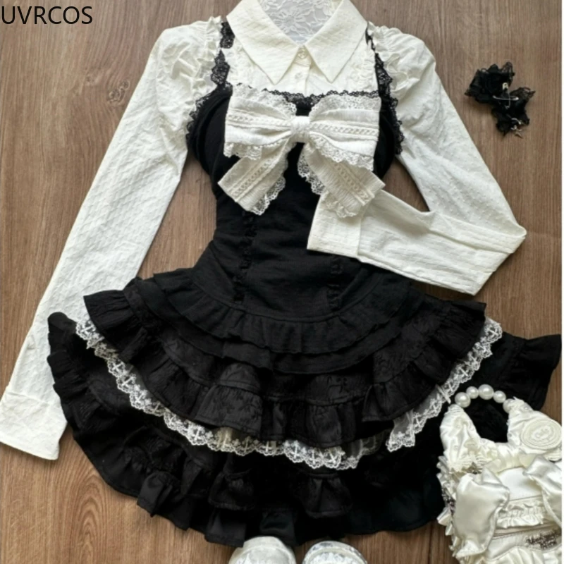 Y2k Aesthetic Lolita Style 3 Piece Set Women Kawaii White Shirt Bow Lace Vest Ruffle Mini Skirts Japan Fashion Gothic Skirt Suit 5