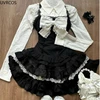Y2k Aesthetic Lolita Style 3 Piece Set Women Kawaii White Shirt Bow Lace Vest Ruffle Mini Skirts Japan Fashion Gothic Skirt Suit 5
