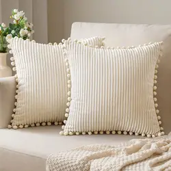 Boho Pom - Pom Corduroy Decorative Pillow Covers - Soft Square Throw Cushions (Set of 2) - 45X45cm (White)