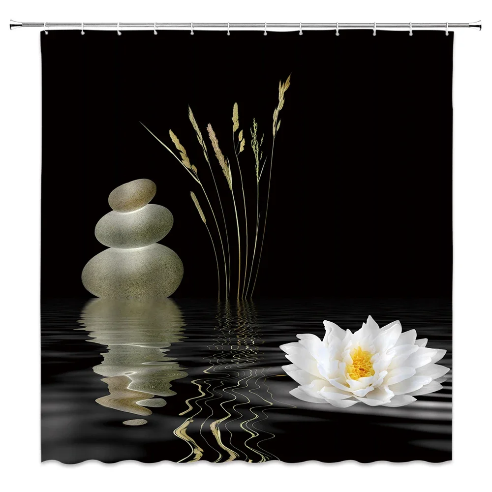Stones And White Lotus in Water Shower Curtain Zen SPA White Bathroom Waterproof Extra Long Polyester Fabric for Bathtub Decor 6
