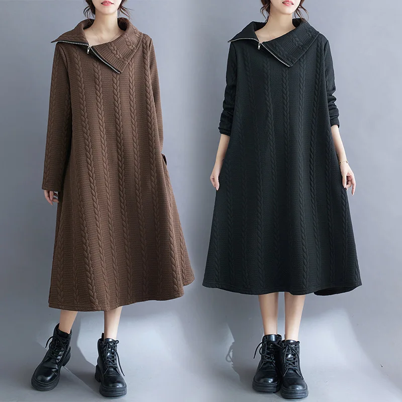 

Autumn And Winter New Dress Irregular High Neck Foreign Trade Loose Solid Color Japanese And Korean Long Trendy Women's Wear