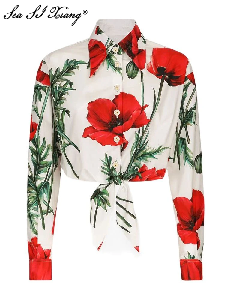 

Seasixiang Fashion Designer Spring Summer 100% Cotton Blouses Women Turn-down Collar Long Sleeve Flower Print Bow Shirt