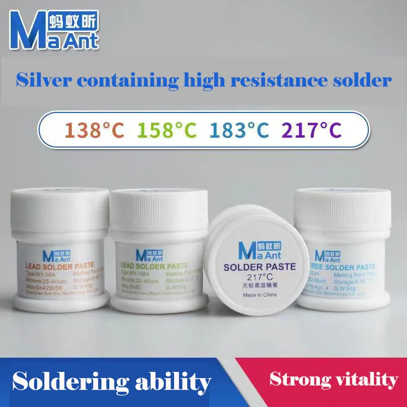 

Ma Ant Professional 138 158 183 217 Degree Lead Free Leaded Middle Layer Special Solder Paste for iPhone Medium Low Temperature