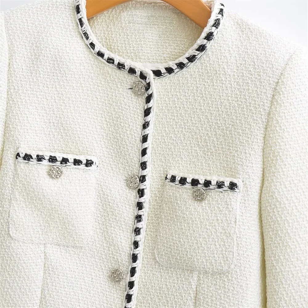 UNIZERA2023 Autumn and Winter New Women's Fashion White Small Fragrance Rough Tweed Round Neck Short Coat