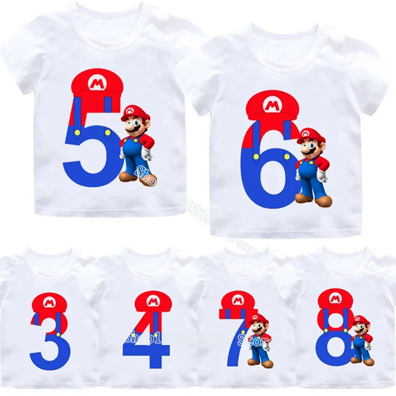 Super Mario Kids Numebr Birthday T Shirt Mario Bros  Cartoon Cute T Shirts Boy Girl Summer Clothes Baby Cartoon Tees Game Tops