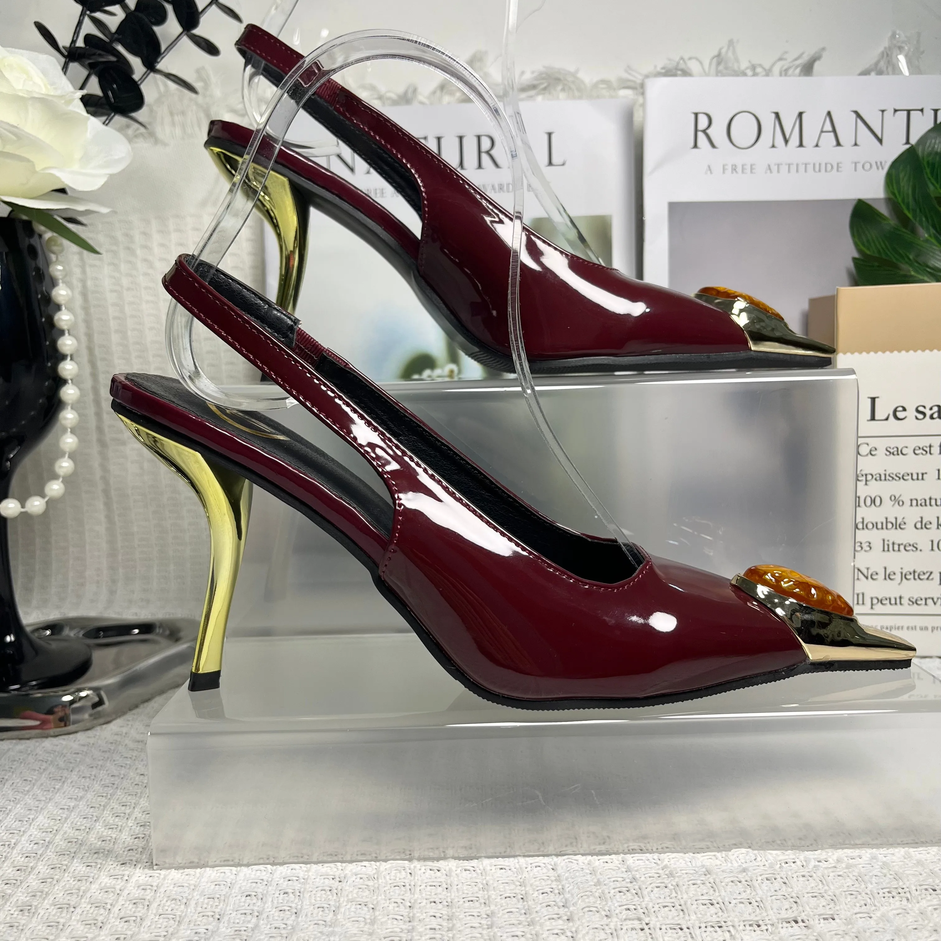 Party Dress Women Heels Pumps Shoes Female Slingbacks Footwear Designer Fashion Metal Pointed Toe Ladies High Heels Shoes