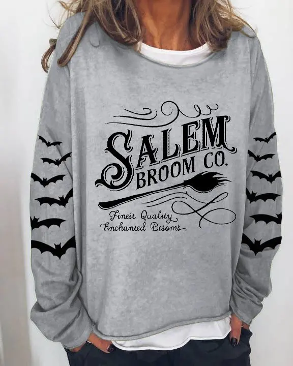 

Women's Salem Broom Co Funny Halloween Print Crew Neck Long Sleeve Tops