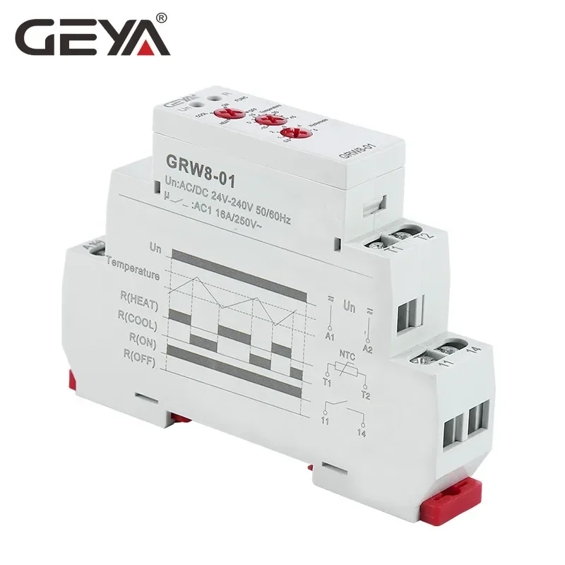 GEYA GRW8-01/02 Din Rail Temperature Control Relay 16A  AC/DC24-240V with Waterproof NTC Sensor Heating & Cooling