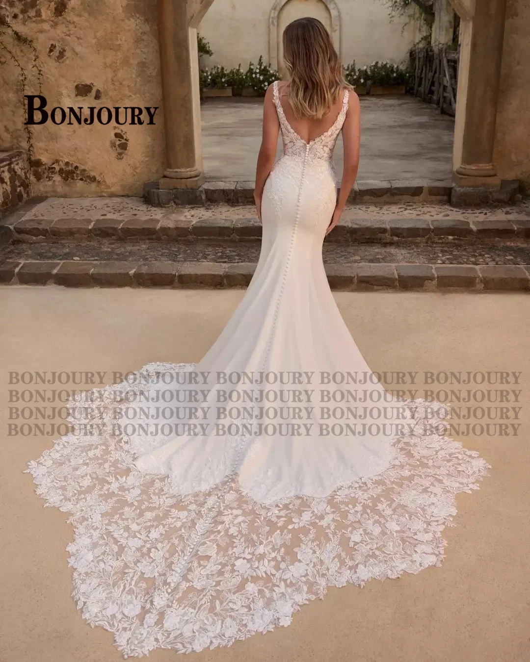 BONJOURY eleganti abiti da sposa in raso per donna da sposa con spacco alto a sirena con bottoni in pizzo Appliques Vestido De Casamento personalizzato - Image 2