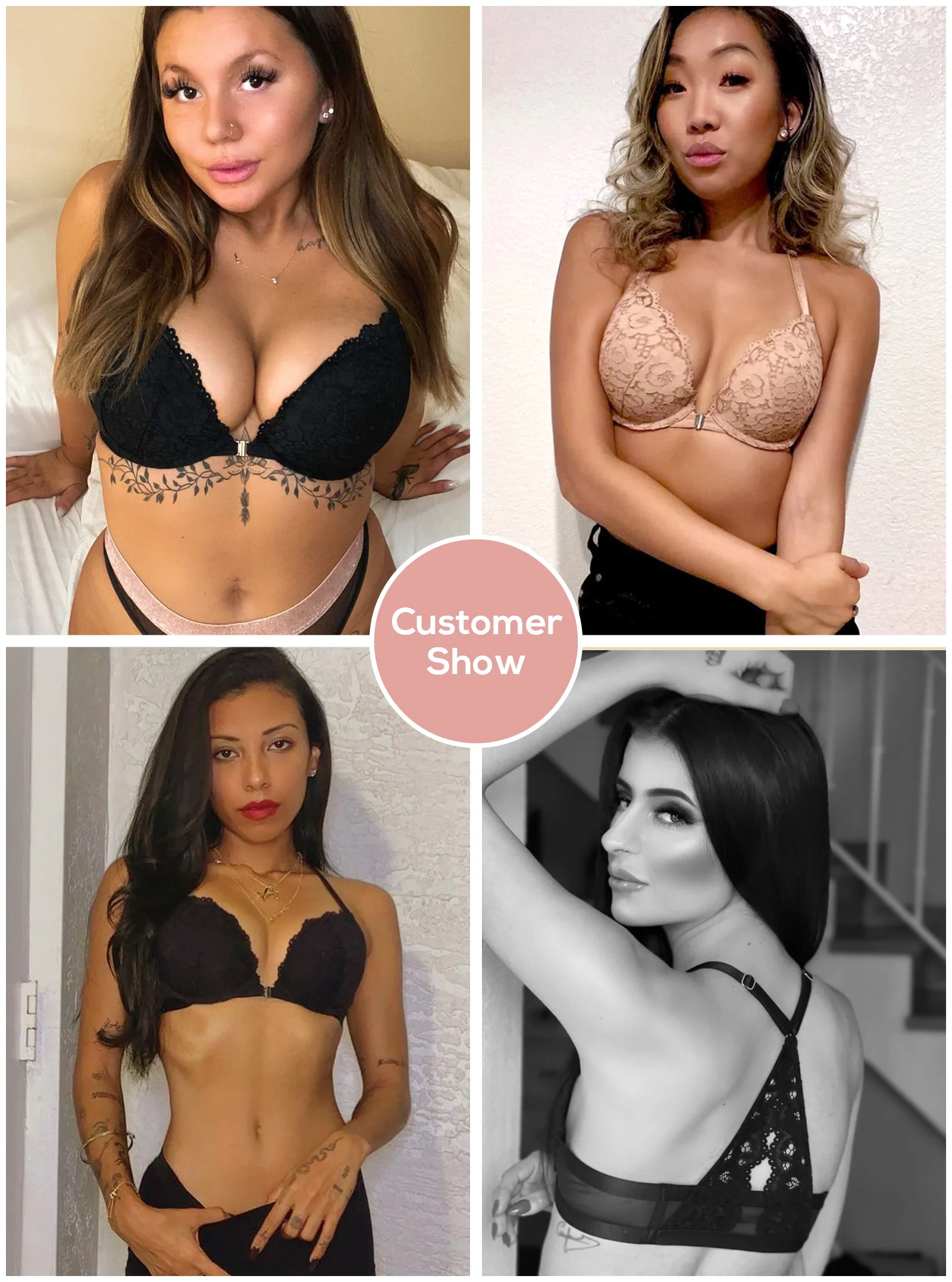 DOBREVA Women's Floral Lace Back Front Closure Bra Padded Push Up Lingerie Underwire Plunge Bralette
