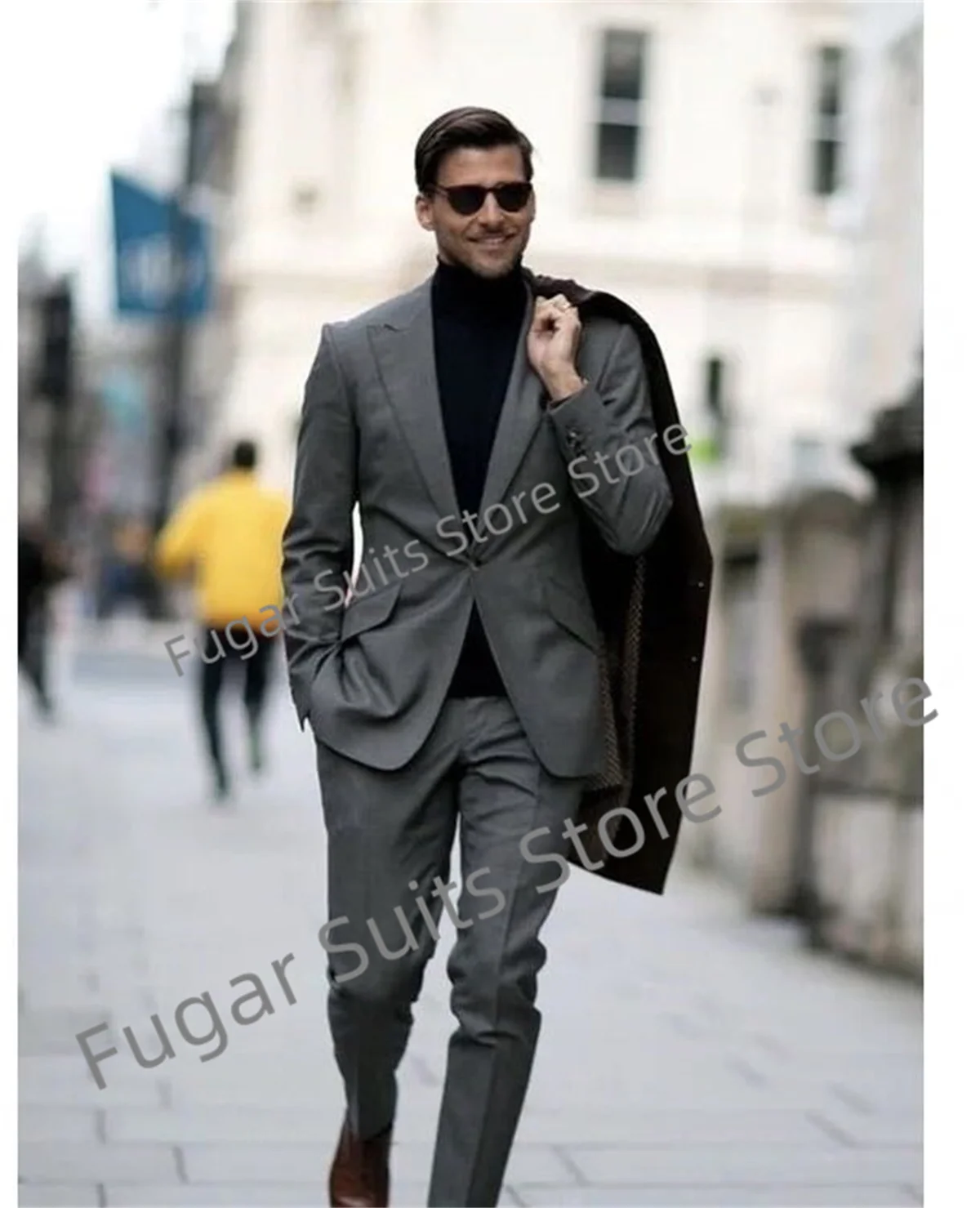 Fashion Elegant Gray Wedding Men Suits Slim Fit Peak Lapel Groom Tuxedos Prom 2 Pieces Sets Business Male Blazer Costume Homme