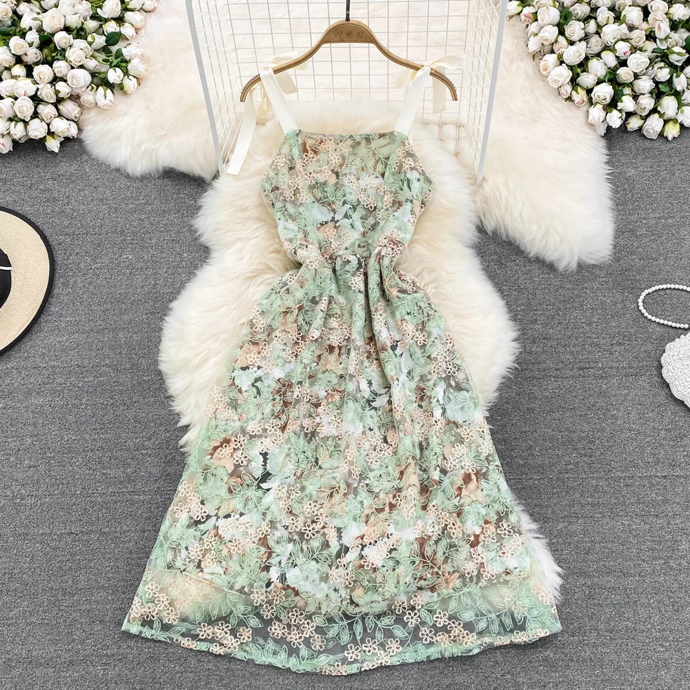 

Summer New Girls Super Fairy Holiday Dress Fashion High-waist Sleeveless Mesh Embroidery Dress Women Vintage Holiday Dresses