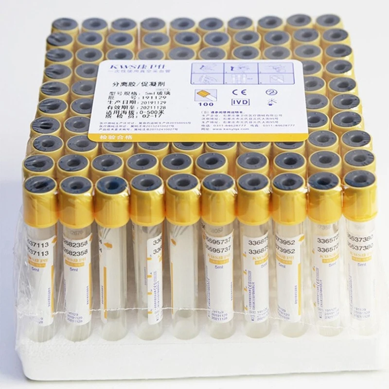 100 Pieces PET 3ML/5ML Laboratory Centrifuge Tube Yellow Hat Vacuum Collection Tube Gel and Clot Activator 12 X 75mm