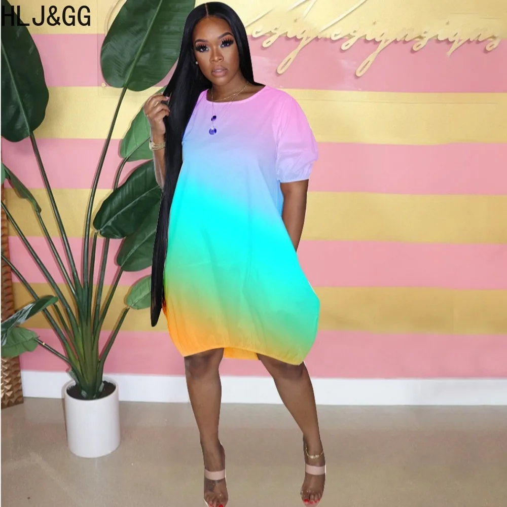 

HLJ&GG Summer Gradient Color Round Neck A-line Dresses Women Puff Sleeve Loose Mini Dress Fashion Female Matching Streetwear New