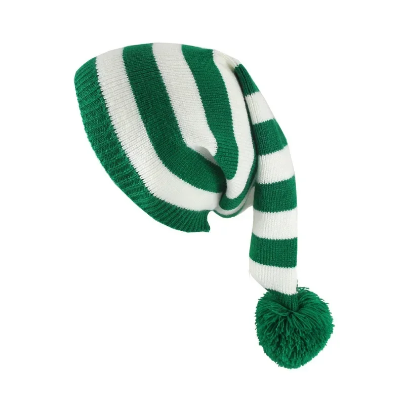 Adult Stripe Long Christmas Hat Soft Red White Green Pom Pom Knitted Hats For Women Men Elastic Warm Beanie New Year Party Gift