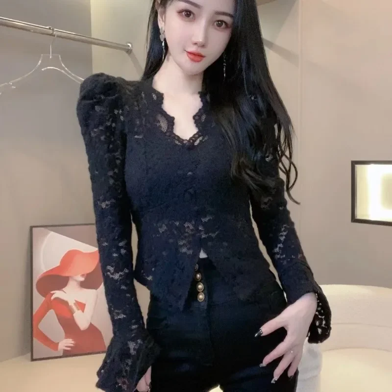 

Женская кружевная блузка с V-образным вырезом, длинным рукавом-фонариком