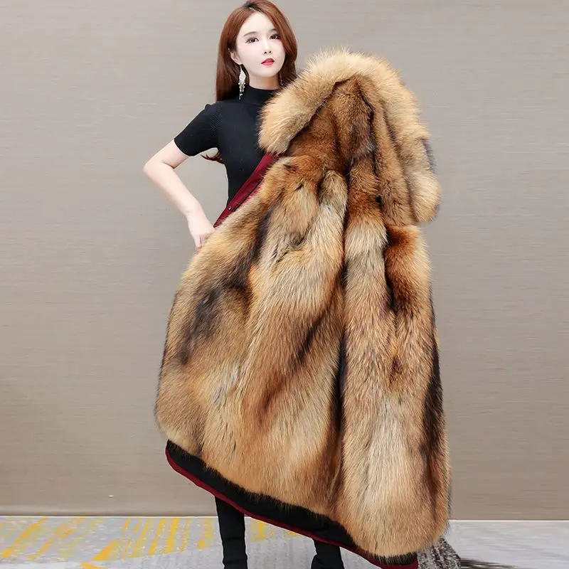 Women's Imitation Fox Fur Liner, Removable Hooded Coat, Long Parkas, Slim Outwear, Large Size, Warm, Female, Winter, New, 2024