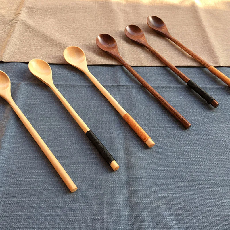 5pcs Japanese-Style Long Handle Wooden Spoon Tea Dessert Spoons for Eating Mixing Stirring Cooking Tableware Kitchen Supplies