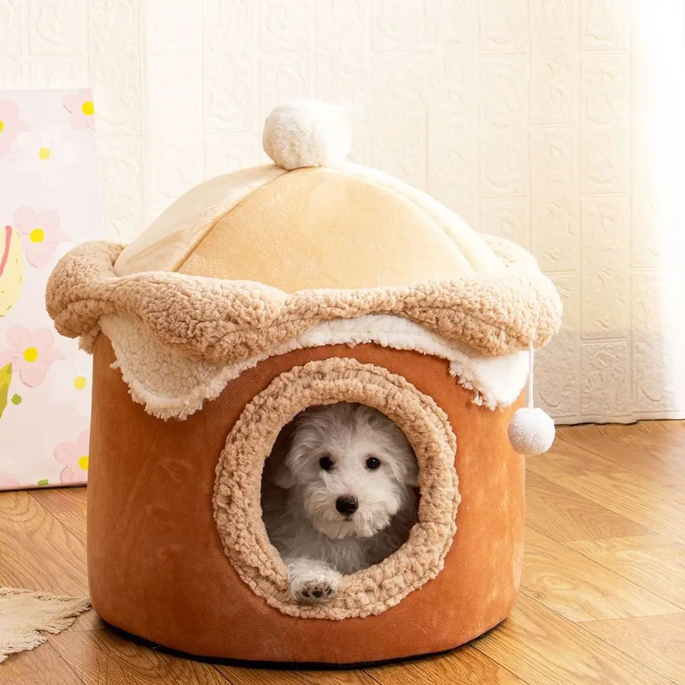 

Warm Ice Cream House Pet Nest Comfortable Plush Princess Cat House Soft Semi-closed Winter Warm Dog House Winter