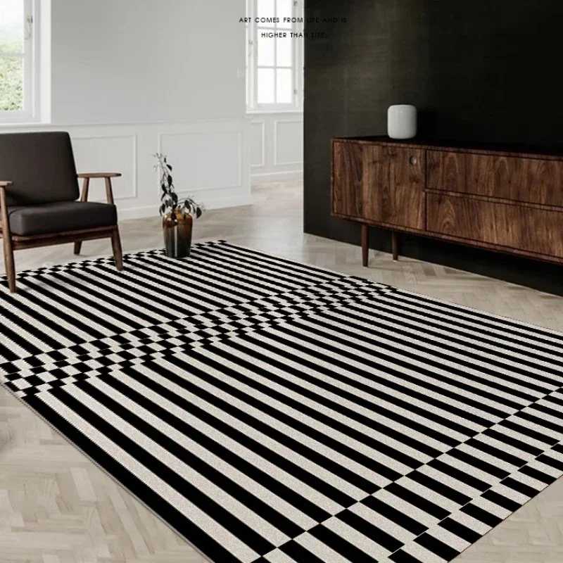 Living Room Carpet Classic Retro Black White Striped Thickened Soft Plaid Bedroom Rug Dirty-resistant Easy-care