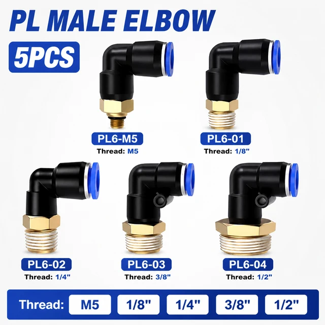 5PCS PL Series Straight Pneumatic Fittings - 6mm Hose to M5 1/8" 1/4" 3/8" 1/2" Thread Air Pipe Quick Connector for Compressor 1