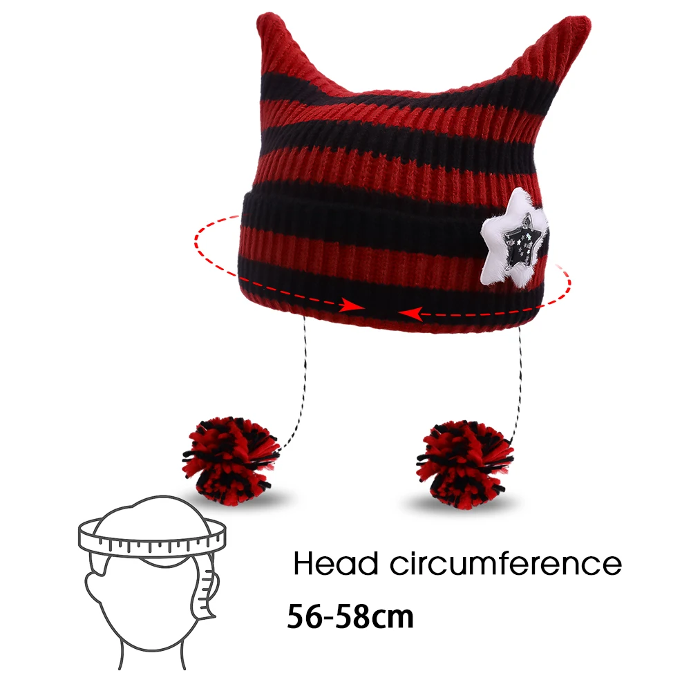 Devil Horns Cow Ears Beanie - Y2K Edgy Knit Crochet Skull Hat, Thick Warm Unisex Winter Hat, One Size Fits Most