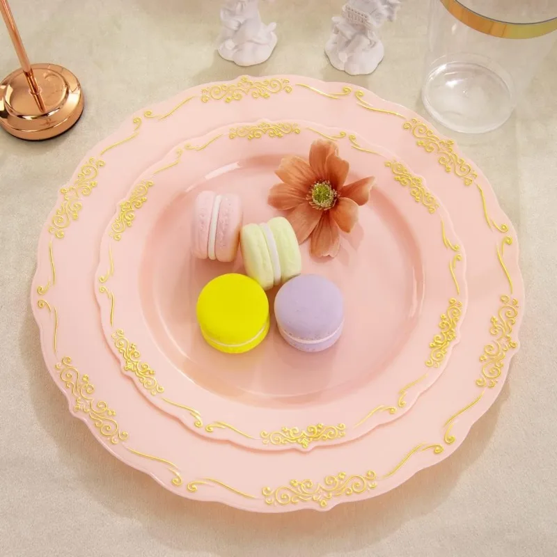 Pink and Gold Plastic Plates and Cups 210 Gold Rimmed Dessert Plates/Salad Plates