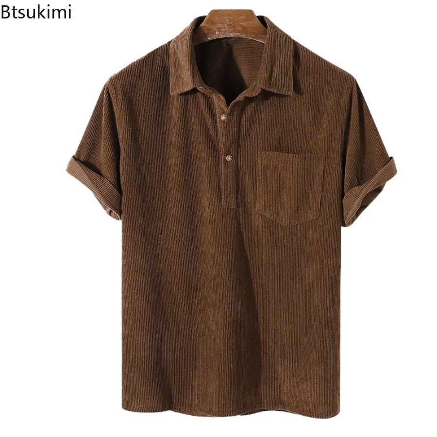 2024 Men's Corduroy Shirts Summer Casual Short Sleeve Tops Fashion Half Button-up Lapel Solid Pullover Loose Simple T-shirt Male