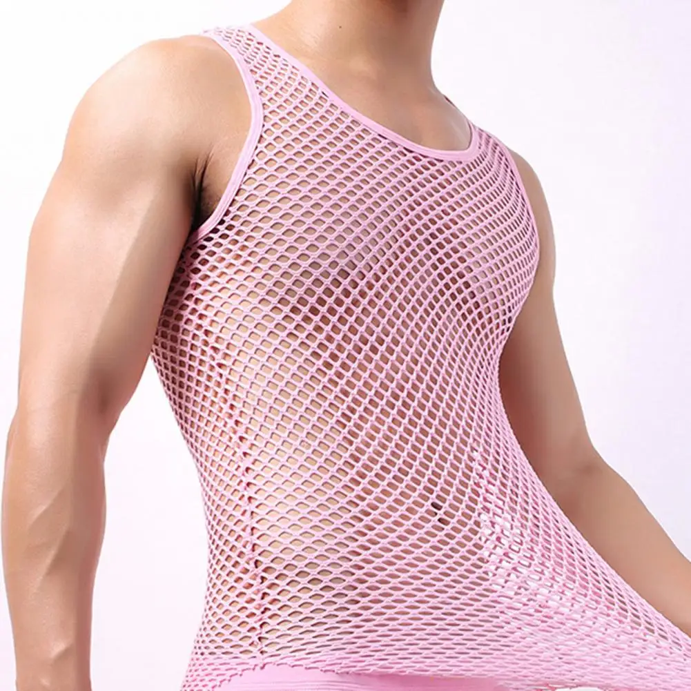 Men Vest Undershirt Nylon Mesh Shirt See Through Transparent Shirt Underwear Sleepwear