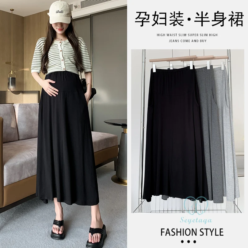 Pregnant Women Skirt Plus Size 4 Modal Maternity Long Skirts with Pockets Summer Casual